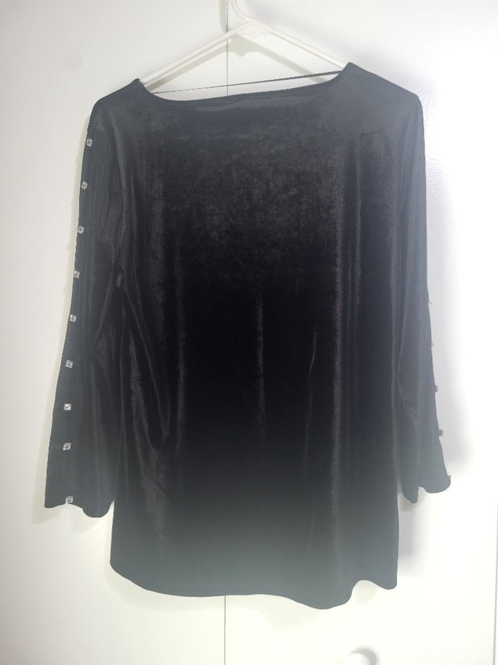 Cable & Gauge Womens LG Black Velvet Top Open Sleeves Bling Rhinetones Goth Glam - Picture 2 of 7